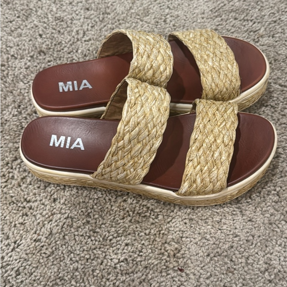 MIA Tan Espadrille Slides with Woven Design
